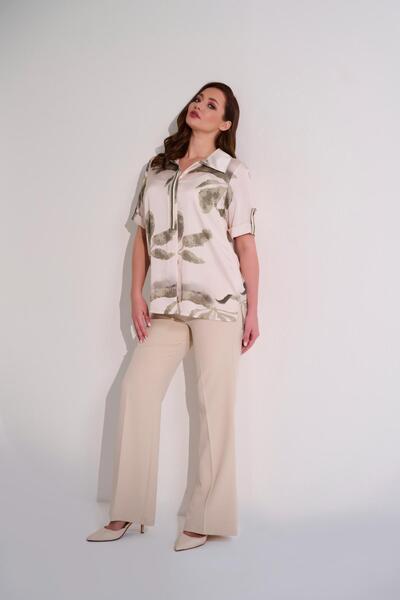 DE WHITES Plus Size Printed Shirt with Stone Decoration Detail on Sleeves and Collar