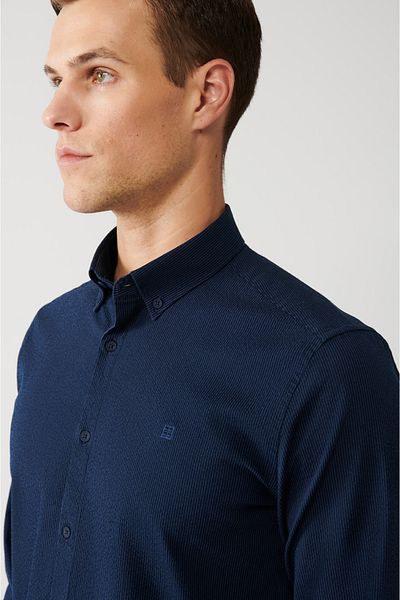 Avva Ανδρικό πουκάμισο Navy Blue ριγέ βαμβακερό εύκολο σιδέρωμα A32y2098