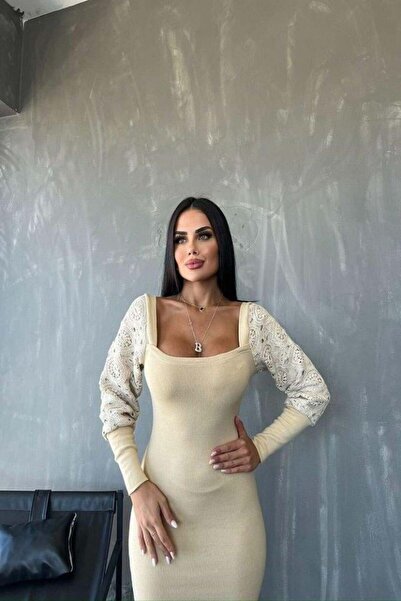 Genel Markalar Kadın Kare Yaka Kolları Manşet Ve Tül Detay Fırsat ürün Midi Boy Elbise