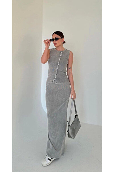 IVORA WEAR Long skirted buttoned front bodysuit double set - gray