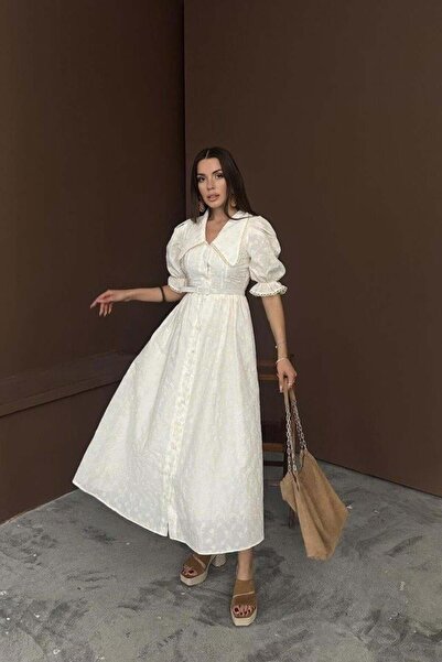 D&M Life Collection Rochie brodata cu maneci balon cu guler bej