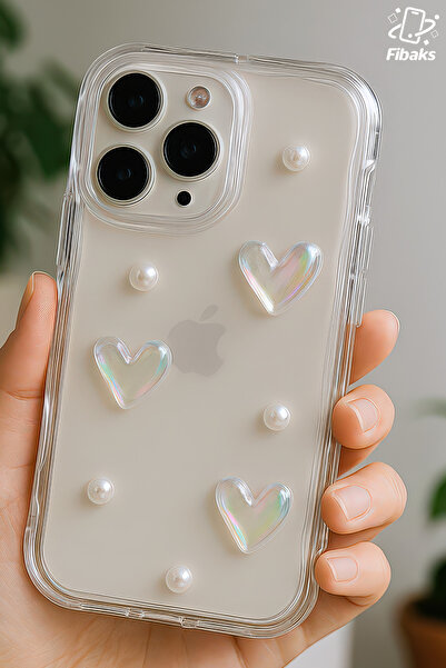 Fibaks Apple iPhone 13 Pro Max Kılıf 3D Kalpli İnci Tasarımlı Desenli Kamera Korumalı Şeffaf Silikon Kapak