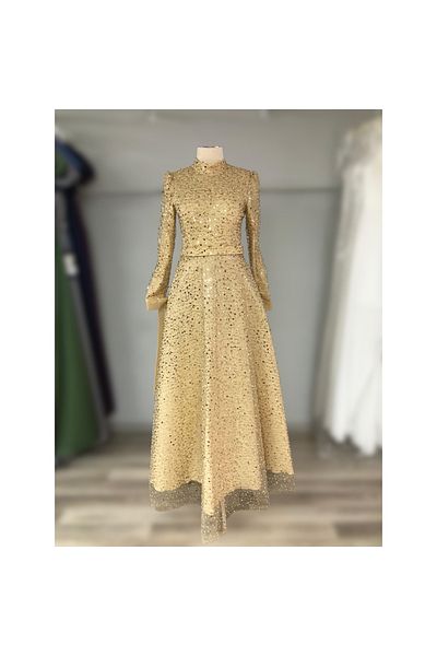 Bijutek Rhinestone and Bead Embroidered Puffy Sleeves Tie-Up Special Occasion Hijab Evening Dress