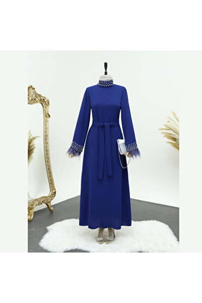 Bijutek Yakası ve Kolları Taşlı Tüy Detaylı Bağcıklı Saks Elbise Özel Gün -Davet Abiyeleri