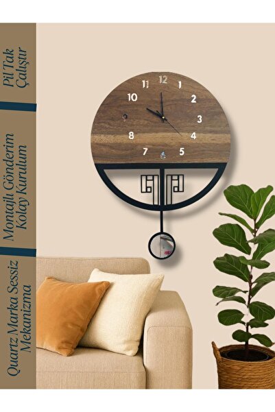 Nixar Desing Duvar Saat Ahşap Sessiz Sarkaçlı Ahşap Duvar Saati Montajlı Gönderim Ahşap Saat Wall Clock