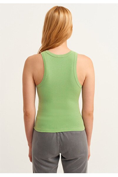 la & vetta Women's Pistachio Green Ribbed T-shirt Halter Neck Knitted Tank Top