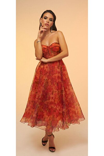 MODA Kadın Straplez Midi Desenli Tül Abiye