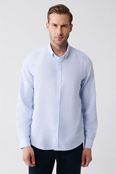 Avva Men's Light Blue 100% Cotton Striped Shirt A31Y2281
