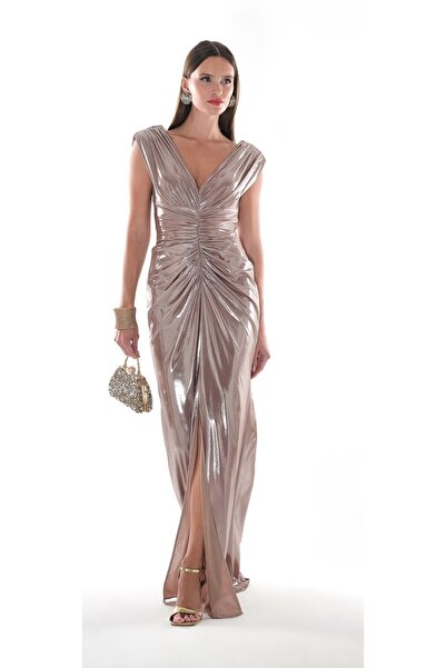 MODA DRAPELİ V YAKA  BÜZGÜLÜ OTURAN UZUN ABİYE ELBİSE