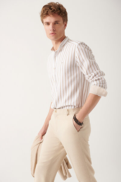 Avva Ανδρικό μπεζ πουκάμισο με ριγέ λινό βαμβακερό γιακά A31y2076