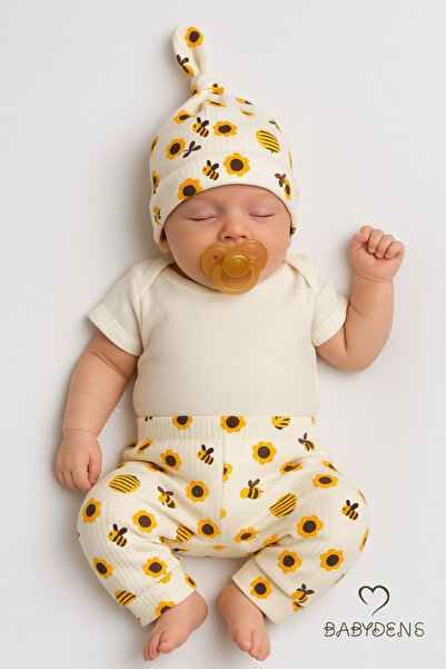 BABYDEN'S Bee and Sunflower Patterned 3-Piece Newborn Baby Set Short Sleeve Snap Body, Pants and Beanie Set