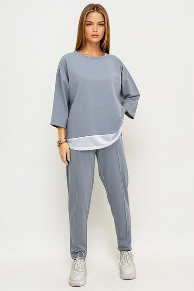 VAGGON Bluză cu garnitură de culoare albastră pentru femei și pantaloni cu cusături cu buzunare duble Set dublu Prm0835