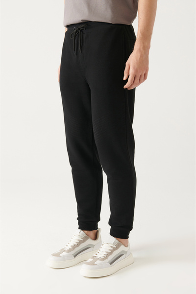 Avva Men's Black Cotton Sweatpants with Lace-Up Waist and Elastic Legs A31Y3412