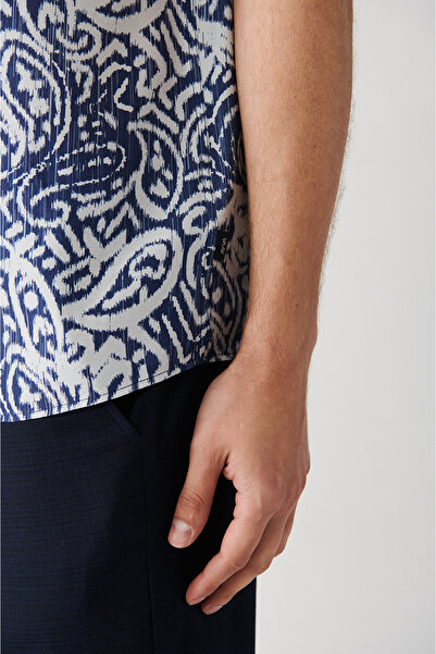 Avva Men's Navy Blue Viscose Patterned Short Sleeve Shirt A31Y2176