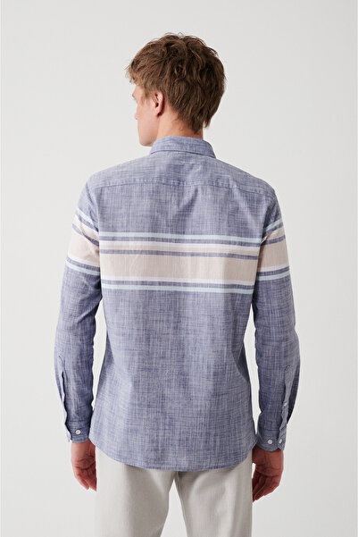 Avva Men's Navy Blue 100% Cotton Linen Look Patterned Shirt A31Y2302