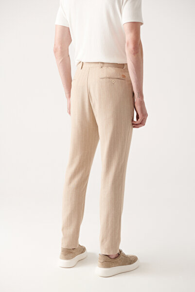Avva Men's Beige Linen Textured Side Pocket Striped Trousers A31Y3222