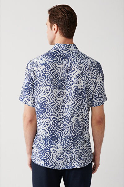 Avva Men's Navy Blue Viscose Patterned Short Sleeve Shirt A31Y2176