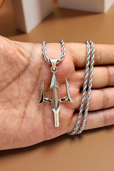AK STORE SİLVER Gümüş Kaplama K-104 Krom-Çelik Erkek Kolye Madalyon Poseidon Mızrak