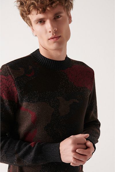 Avva Men's Brown Crew Neck Jacquard Wool Sweater A22Y5045