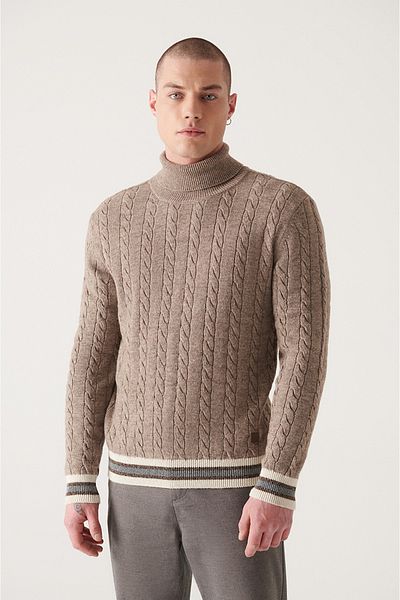 Avva Men's Mink Full Turtleneck Hair Braided Knitwear Sweater A22Y5041