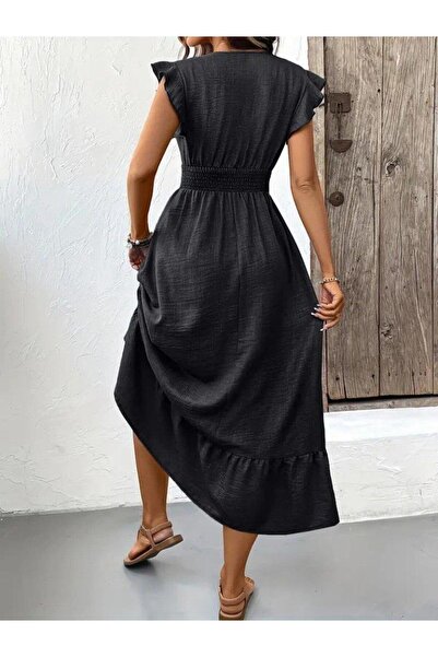 MODA Women's Short Butterfly Sleeve Double Breasted Collar Aerobin Dress with Elastic Waist