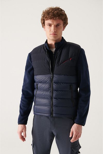 Avva Men's Navy Blue Bomber Collar Double Fabric Water Repellent Inflatable Vest A22y6510