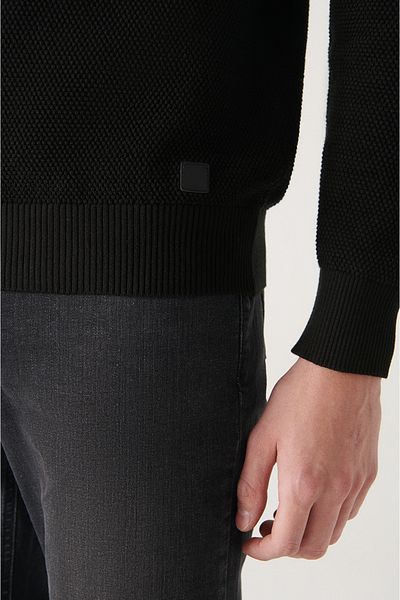 Avva Men's Black Double Collar Textured Cotton Knitwear Sweater A22Y5001