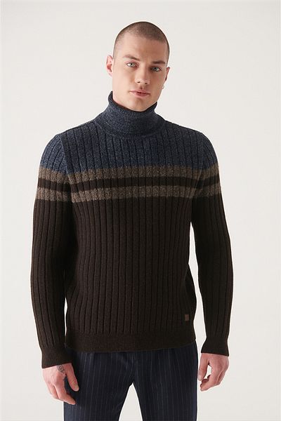 Avva Men's Brown Full Turtleneck Wool Sweater A22Y5021