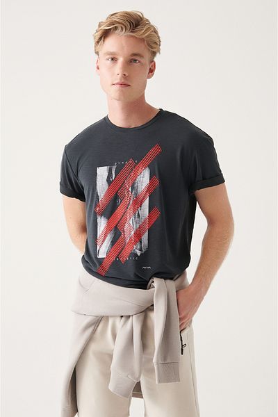 Avva Anthrazitfarbenes Soft-Touch-T-Shirt mit Rundhalsausschnitt für Herren A31y1038
