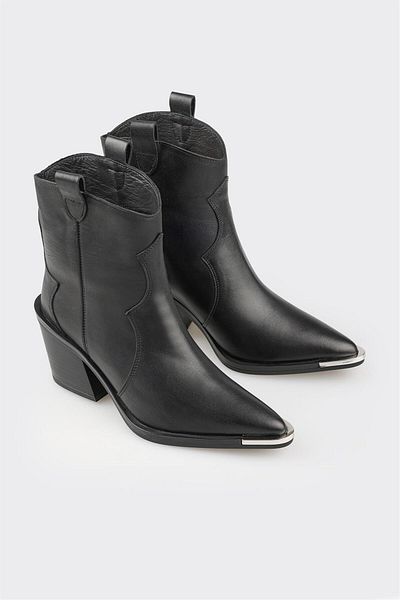 Elle Shoes Μαύρα δερμάτινα γυναικεία μποτάκια Western