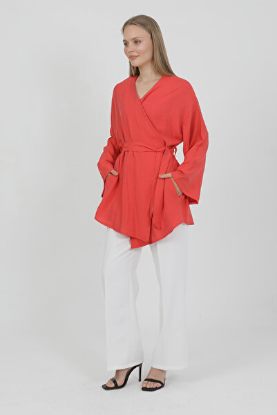 PASTELASTORE Red Natural Viscose Fabric Women's Kimono with Pockets and Belt 1168 – Collarless, Lightweight, Flowy