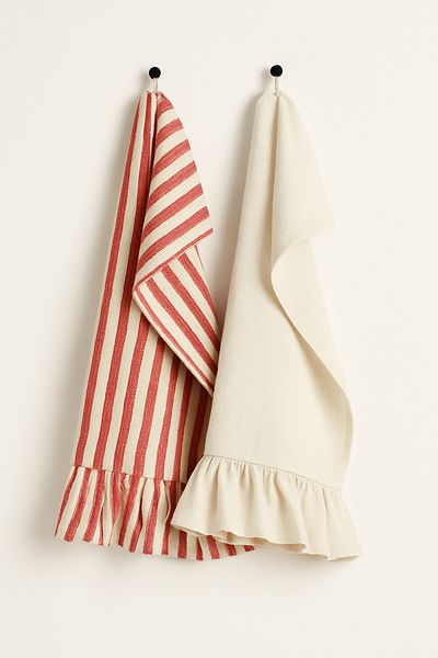 Mirilliahome Ruffled 2-Piece Drying Cloth Set Linen Striped Kitchen Towel