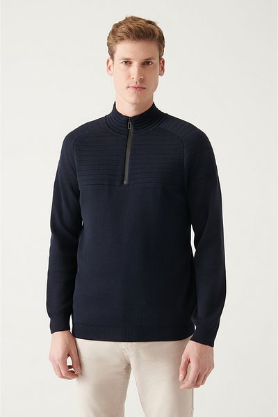 Avva Marineblauer Strickpullover mit halbem Reißverschluss und Stehkragen für Herren A22y5060