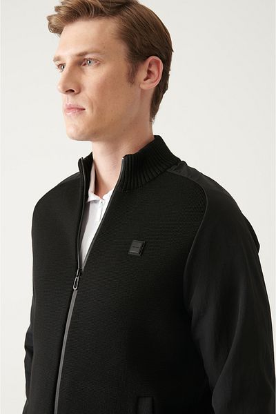 Avva Men's Black Wool Blended Sleeves Parachute Fabric Detailed Zippered Cardigan Coat A22Y6094
