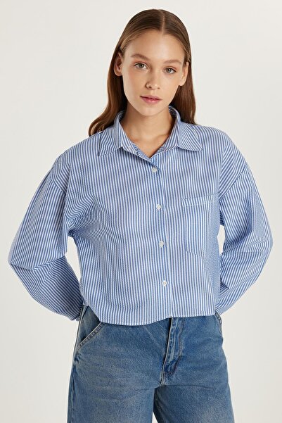 Tudors Kadın Slim Fit Dar Kesim Çizgili Gofre Kumaş Crop Gömlek