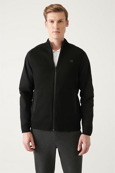 Avva Men's Black Wool Blended Sleeves Parachute Fabric Detailed Zippered Cardigan Coat A22Y6094