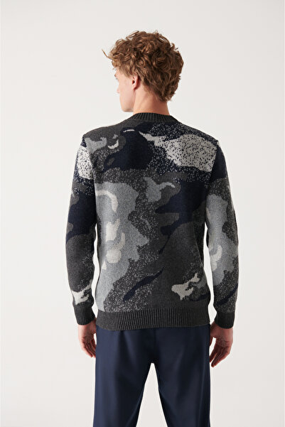 Avva Men's Gray Crew Neck Jacquard Wool Sweater A22Y5045