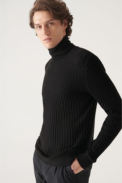 Avva Men's Black Full Turtleneck Cotton Knitwear Sweater A22Y5020