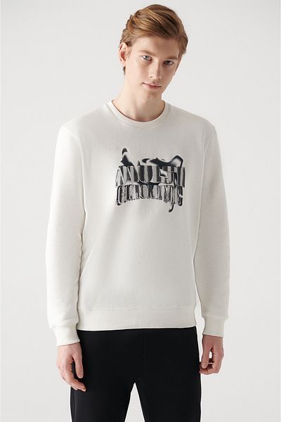 Avva Men's White Crew Neck 3 Thread Raised Printed Sweatshirt A22Y1243
