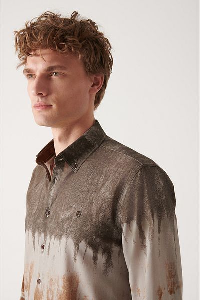 Avva Men's Brown Printed Button Collar 100% Cotton Shirt A22Y2070