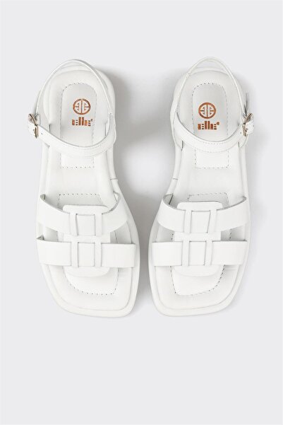 Elle Shoes White Leather Women's Flat Sandals