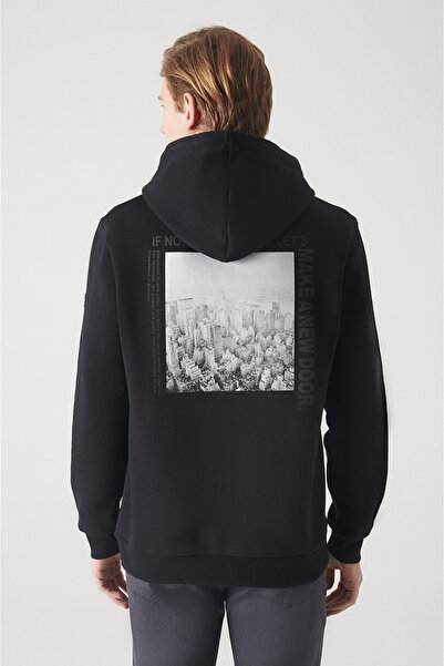 Avva Men's Black Hooded 3 Thread Back Printed Sweatshirt A22Y1111