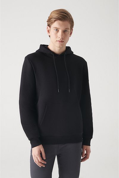 Avva Men's Black Hooded 3 Thread Back Printed Sweatshirt A22Y1111