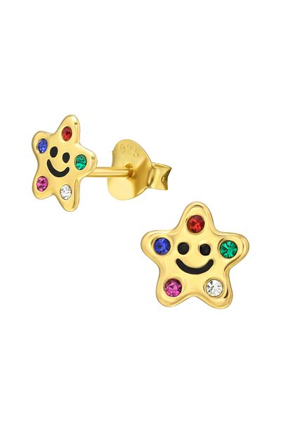 Sophia Collection Children's earrings 925 silver plated with 24K gold, Golden Star model with multicolor crystals