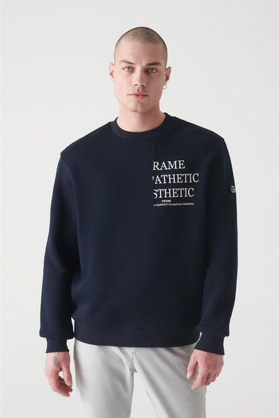 Avva Ανδρικό φούτερ με στάμπα με 3 κλωστές Navy Blue Crew Neck A22y1106