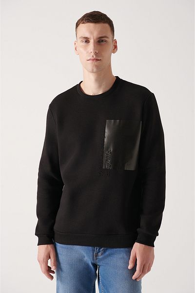 Avva Men's Black Crew Neck 3 Thread Raised Printed Sweatshirt A22Y1107