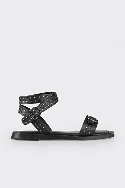 Elle Shoes Siyah Deri Kadın Düz Sandalet