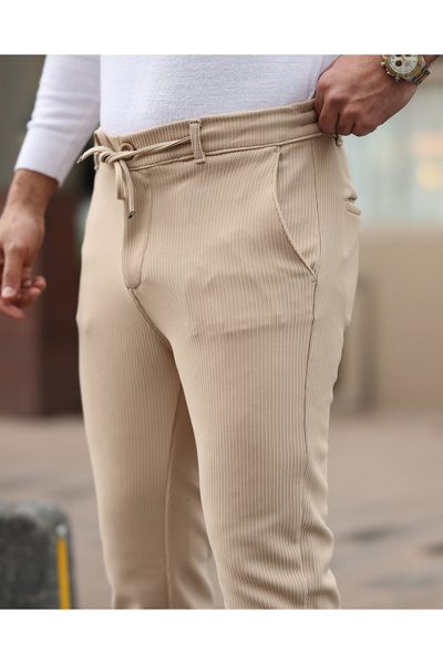 Genie Regular Fit Cream Fabric Corduroy Trousers Men