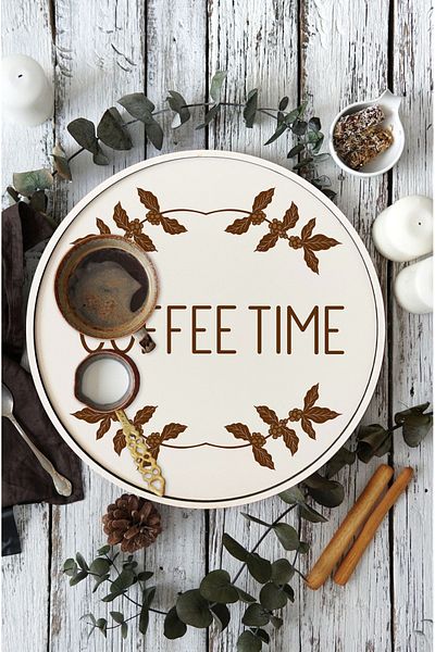 kutuTR ☕   Coffee Time – طقم صواني MDF مزخرفة مكونة من 3 قطع (24 سم) M19