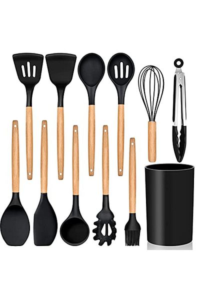 Bogadini Set of 12 Silicone Kitchen Utensils – With Wooden Handle, Various Colors, Gift Wrapped